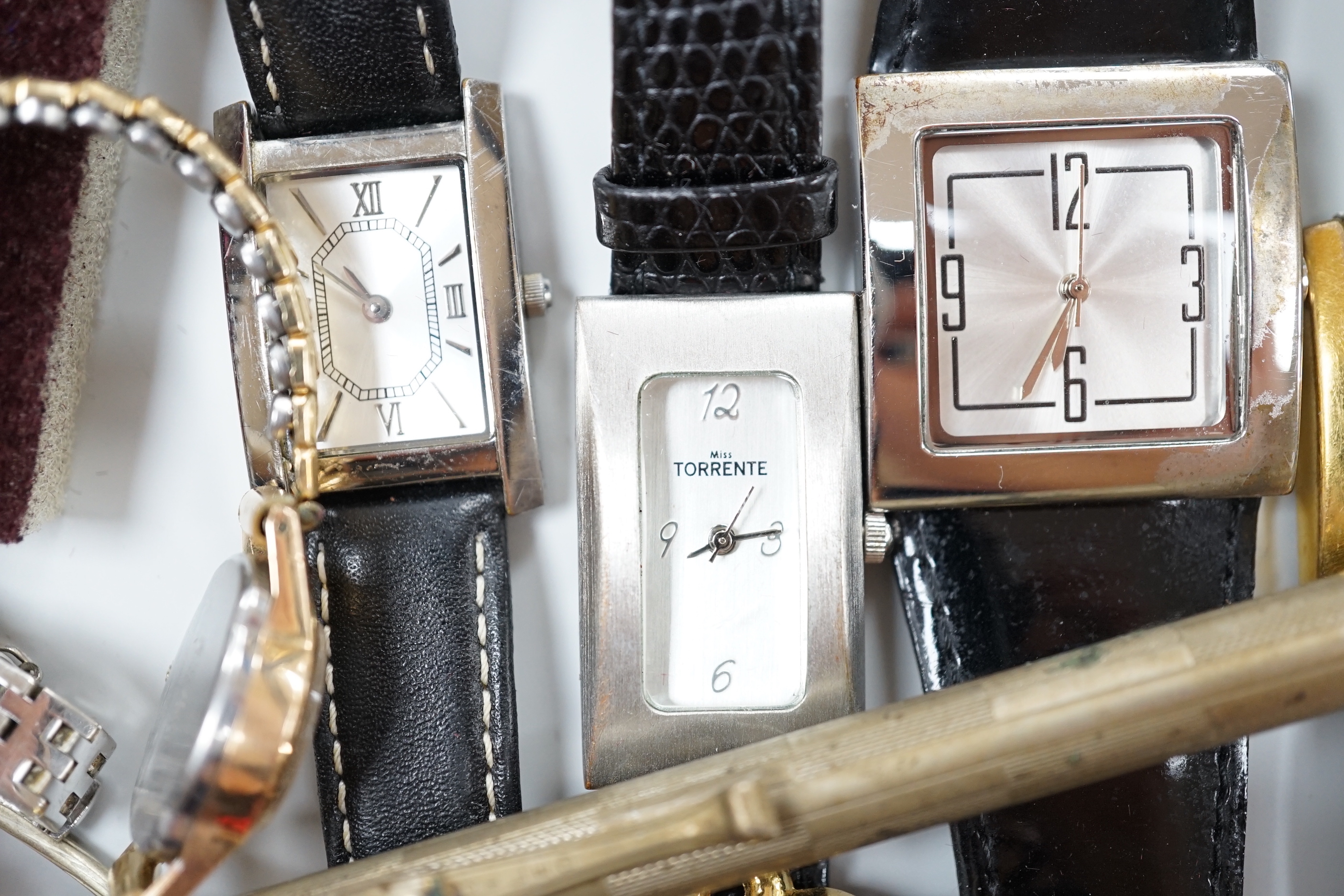 Two 9ct thin bands, a Swedish white metal Elona bangle and a quantity of assorted watches and costume jewellery.